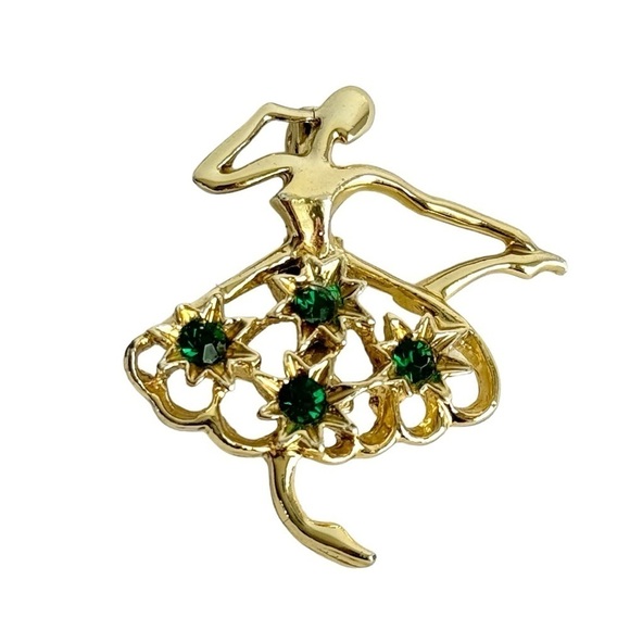 Vintage Ballet Dancer Brooch Ballerina Green Rhinestone Gold Tone Pin Gerrys - Picture 1 of 7